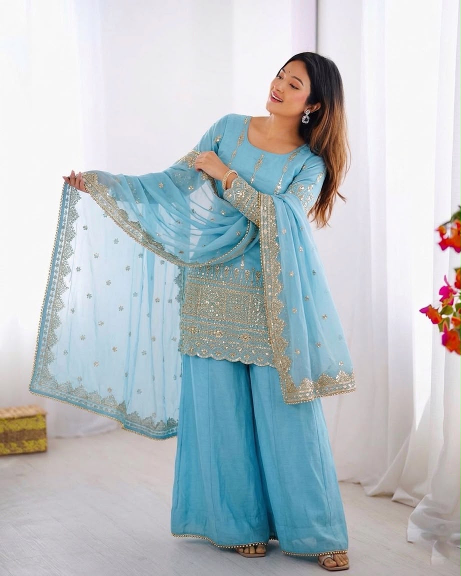 ZF 430 Sky Blue Vichitra Silk Salwar Suit with Embroidery Work. Wedding, Party, Festive, Events, Grab it for ₹2399. Delivery 4-6 Working Days. Shop now. | Jump Suits, Salwar suit, Casual Suits, Creative suits, Designer Suits, Palazzo Suits, Party Wear Suits, Patiala Suits, Straight Suits