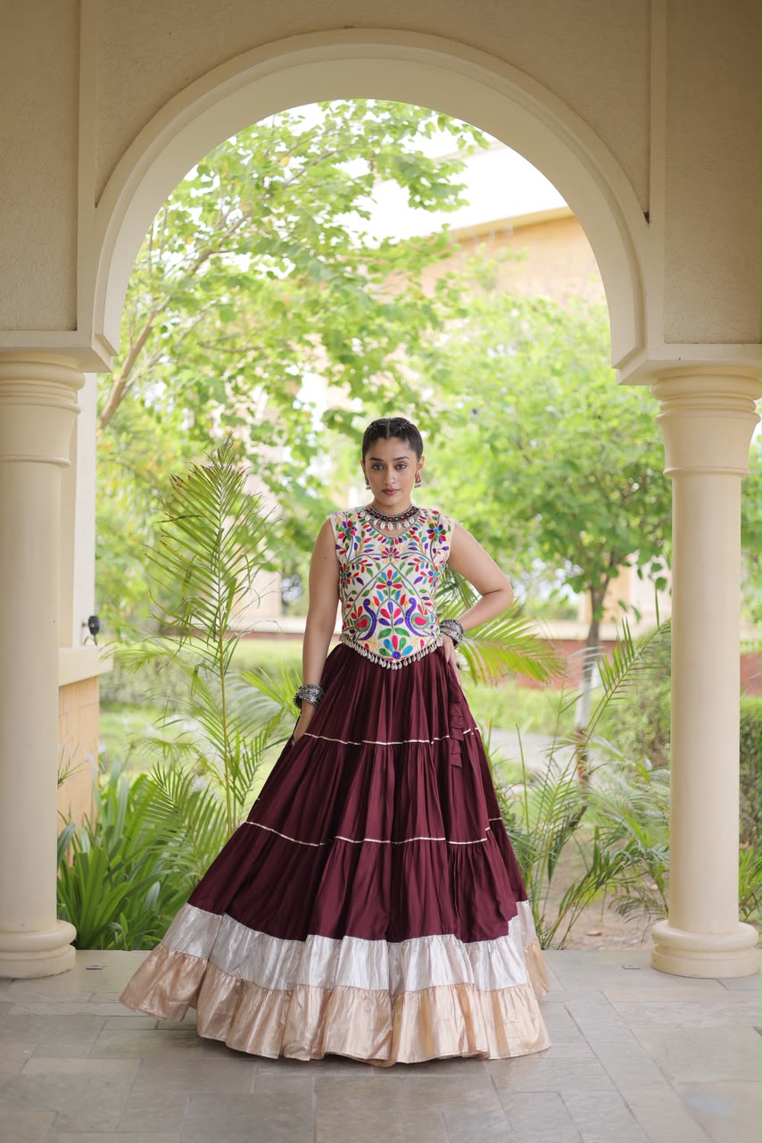 KA 5071 Maroon Rayon Embroidery Work & Cowrie Work Lehenga Choli . Grab it for ₹2849. Delivery 4-6 Working Days. Shop now. | Lehenga, Bollywood Lehenga, Creative Lehenga, Designer Lehenga, Embroidered Lehenga, Party Wear Lehenga