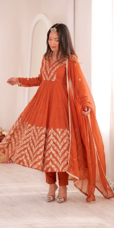 Alternative view of Fancy Orange Crunchy Silk Embroider Work Anarkali Suit