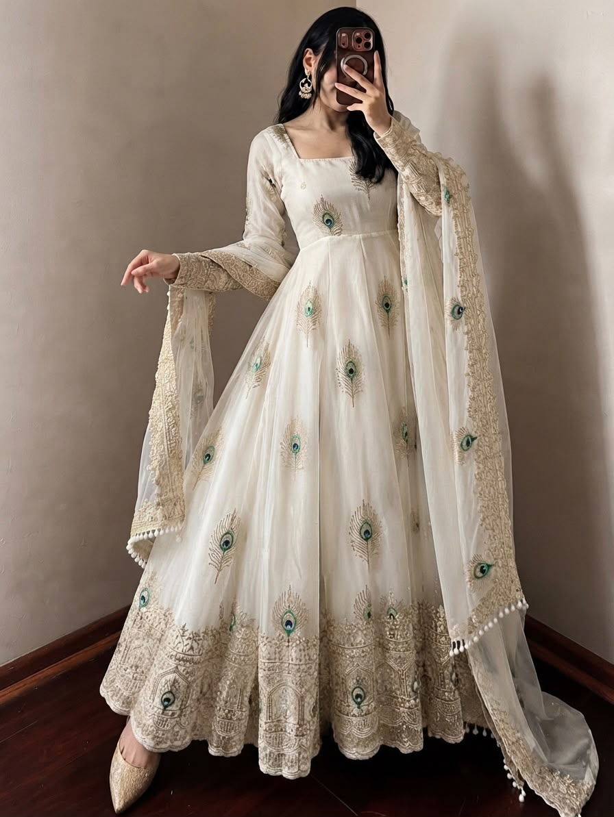 Fancy White Fendy Silk Sequins Work Gown - Image 3