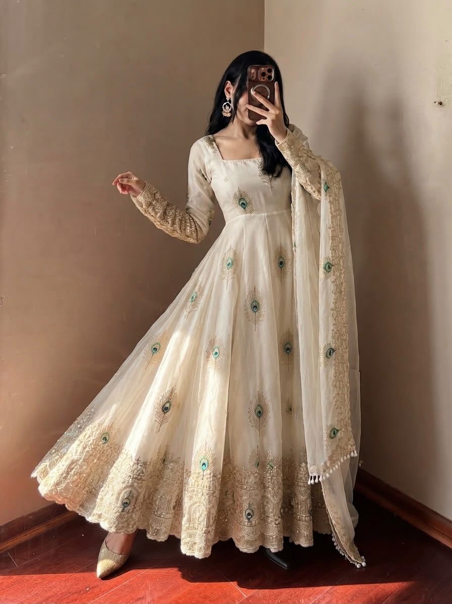 Fancy White Fendy Silk Sequins Work Gown - Image 2