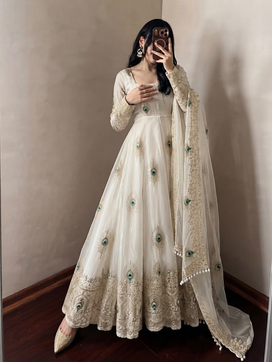 Fancy White Fendy Silk Sequins Work Gown
