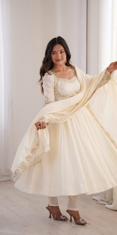 Alternative view of Glowing White Roman Silk Embroidery Work Anarkali Suit