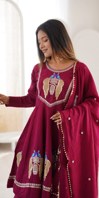 Alternative view of Nice Maroon Roman Silk Embroidery Work Salwar Suit