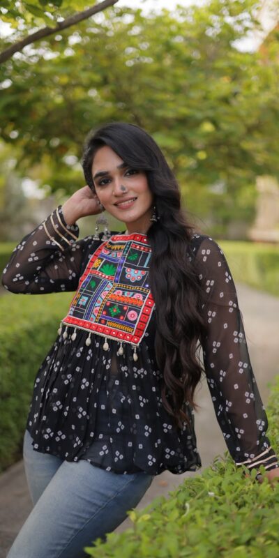 Alternative view of Solid Black Faux Georgette Gamthi Bandhni Work Kurti
