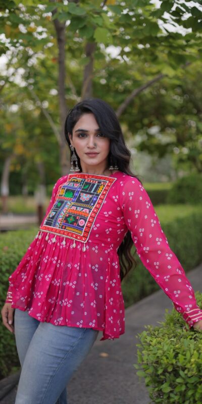Alternative view of Solid Pink Faux Georgette Gamthi Bandhni Work Kurti