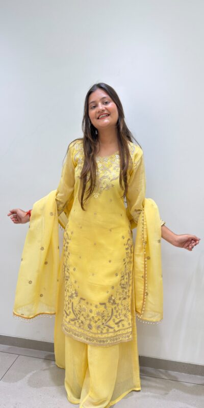 Alternative view of Super Yellow Crunchy Silk Embroidery Work Salwar Suit