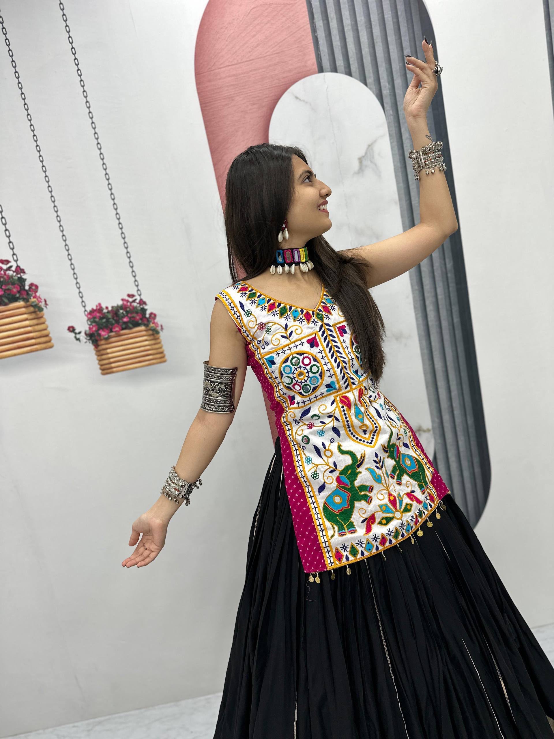 PC N43 Black in Pure Cotton Mirror Work & Gamthi Work Lehenga Choli . Exclusive Offer ₹2949. Delivery 4-6 Working Days. Shop now. | Lehenga, Bollywood Lehenga, Creative Lehenga, Designer Lehenga, Embroidered Lehenga, Party Wear Lehenga