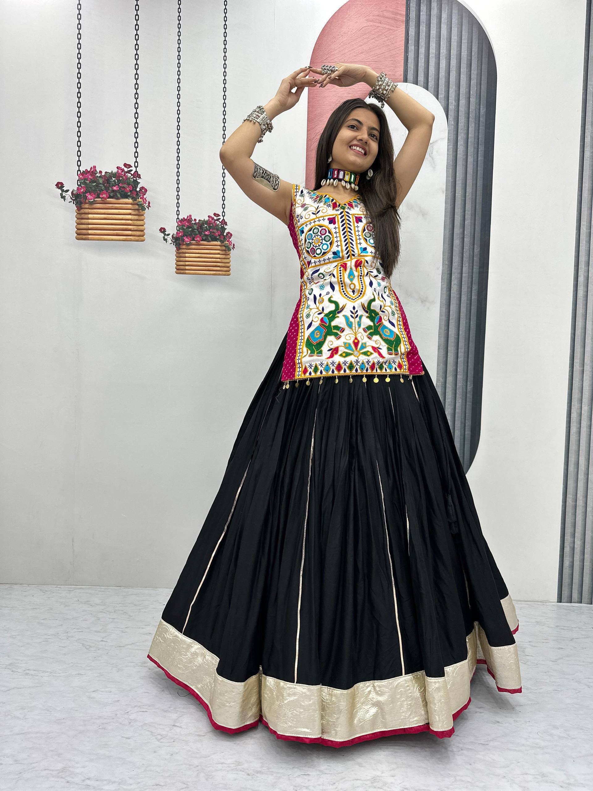 PC N43 Black in Pure Cotton Mirror Work & Gamthi Work Lehenga Choli . Exclusive Offer ₹2949. Delivery 4-6 Working Days. Shop now. | Lehenga, Bollywood Lehenga, Creative Lehenga, Designer Lehenga, Embroidered Lehenga, Party Wear Lehenga