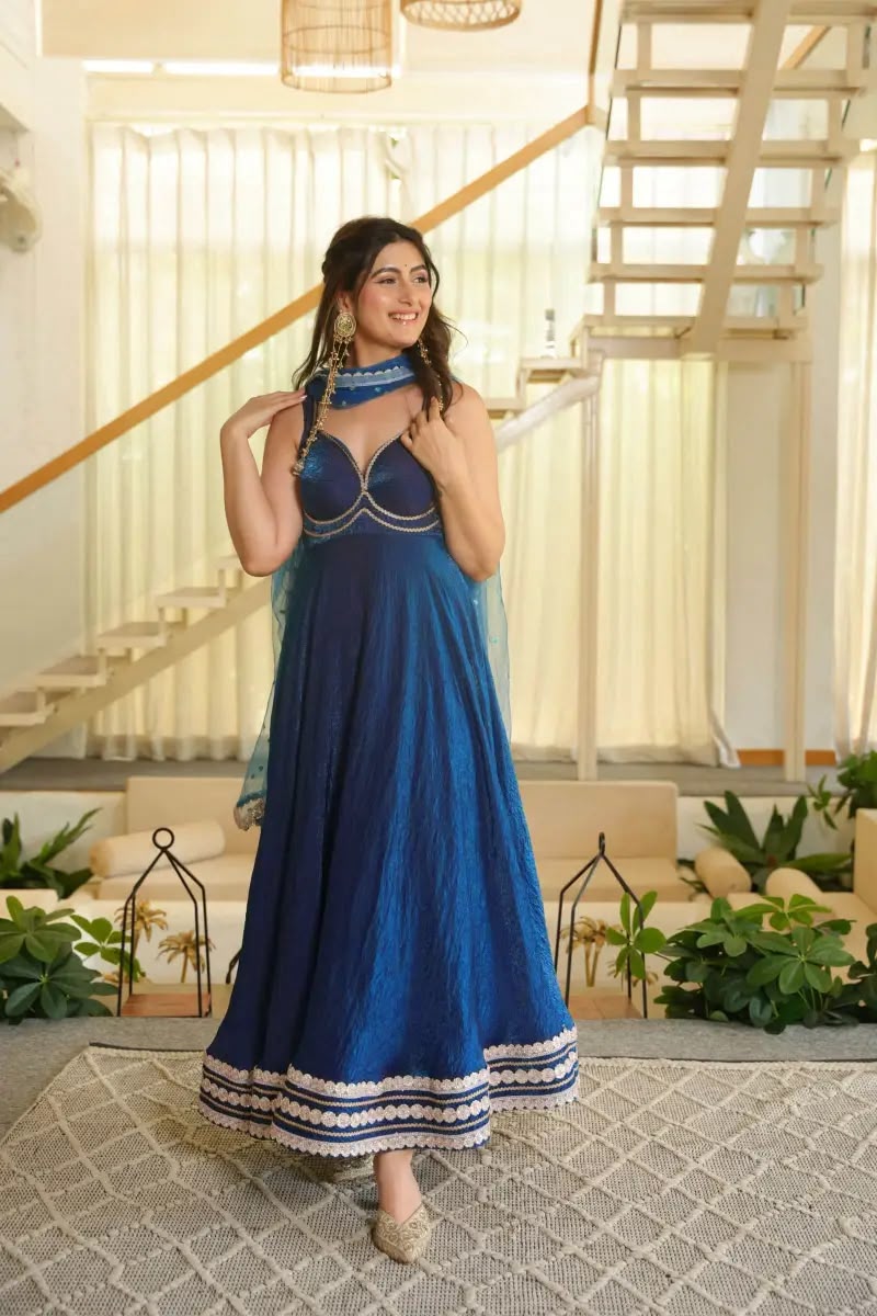 KD 1644 Blue Fendy Silk Gown with Embroidery Work & Sequins Work. Special Price ₹2849. Delivery 4-6 Working Days. Shop now. | Gowns, Bollywood Gowns, Creative Gowns, Designer Gowns, Embroidered Gowns, Party Wear Gowns