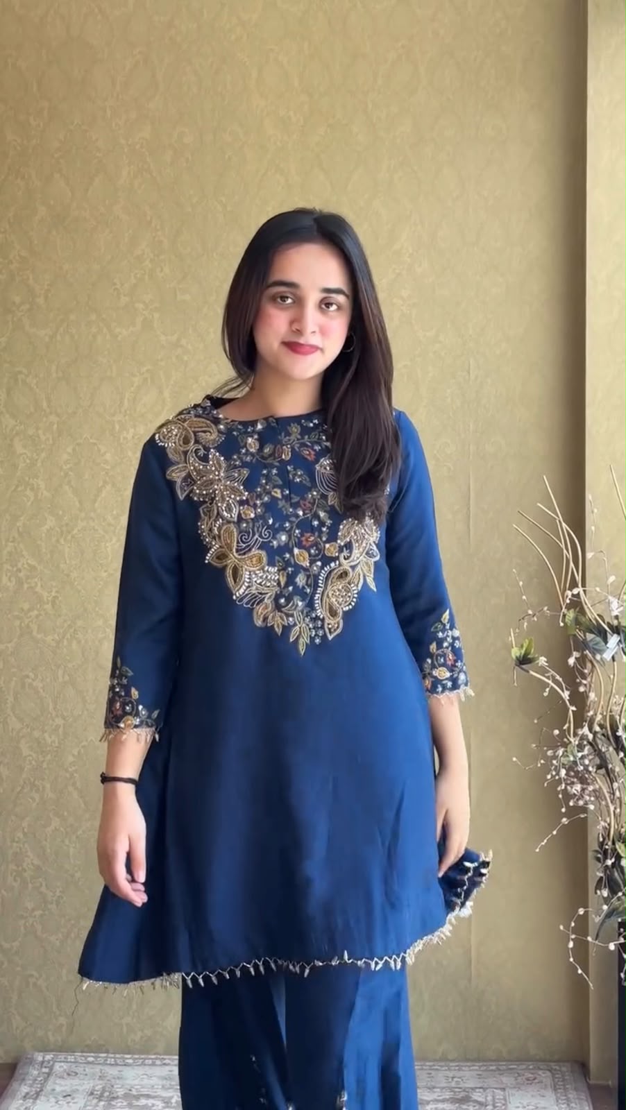 ST 1206 Navy Blue Malay Crepe Kurti with Embroidery Work & Bead Work. Available at ₹2199 only. Delivery 4-6 Working Days. Shop now. | Kurti, Bollywood Kurti, Creative Kurtis, Designer Kurti, Party Wear Kurti, Selfie Kurti