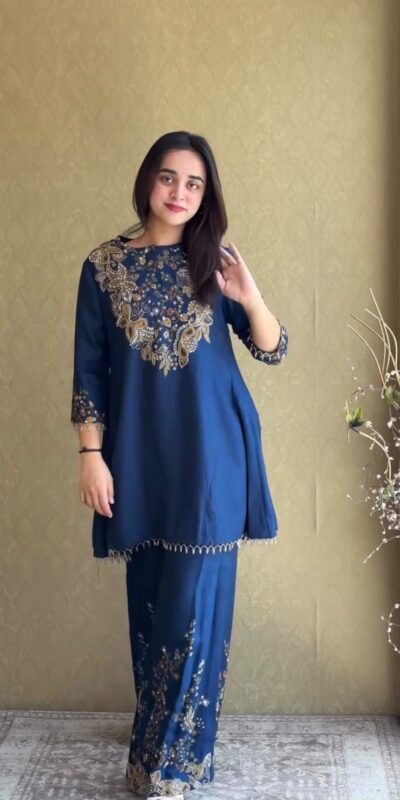 ST 1206 Navy Blue Malay Crepe Kurti with Embroidery Work & Bead Work. Available at ₹2199 only. Delivery 4-6 Working Days. Shop now. | Kurti, Bollywood Kurti, Creative Kurtis, Designer Kurti, Party Wear Kurti, Selfie Kurti