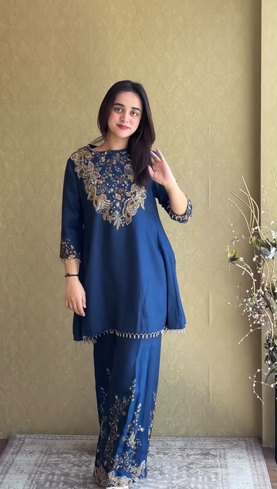 ST 1206 Navy Blue Malay Crepe Kurti with Embroidery Work & Bead Work. Available at ₹2199 only. Delivery 4-6 Working Days. Shop now. | Kurti, Bollywood Kurti, Creative Kurtis, Designer Kurti, Party Wear Kurti, Selfie Kurti
