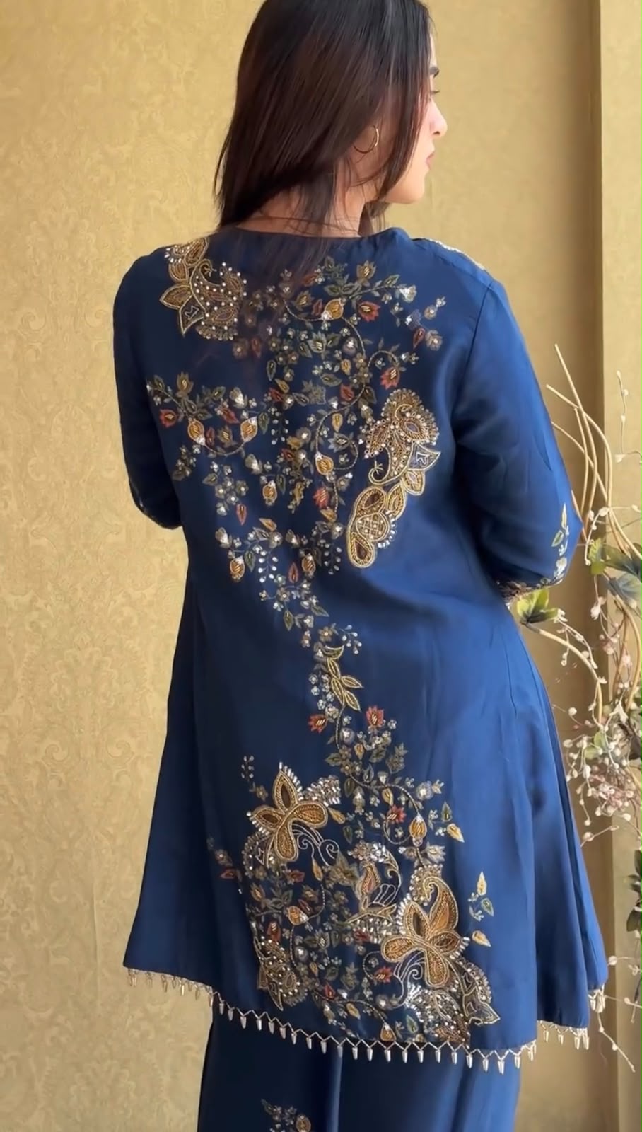 ST 1206 Navy Blue Malay Crepe Kurti with Embroidery Work & Bead Work. Available at ₹2199 only. Delivery 4-6 Working Days. Shop now. | Kurti, Bollywood Kurti, Creative Kurtis, Designer Kurti, Party Wear Kurti, Selfie Kurti