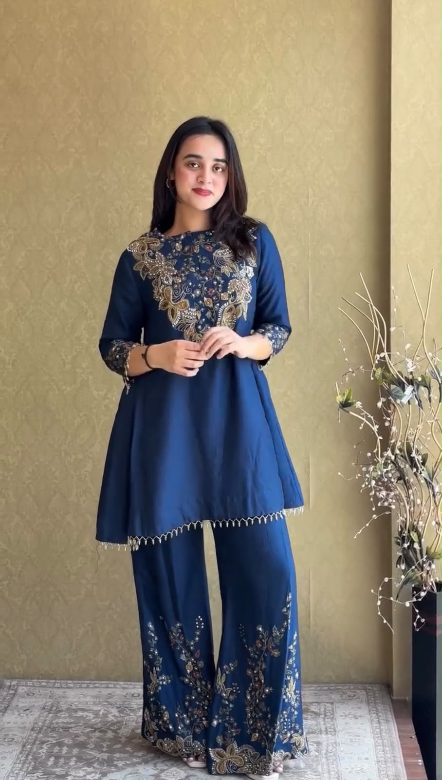 ST 1206 Navy Blue Malay Crepe Kurti with Embroidery Work & Bead Work. Available at ₹2199 only. Delivery 4-6 Working Days. Shop now. | Kurti, Bollywood Kurti, Creative Kurtis, Designer Kurti, Party Wear Kurti, Selfie Kurti
