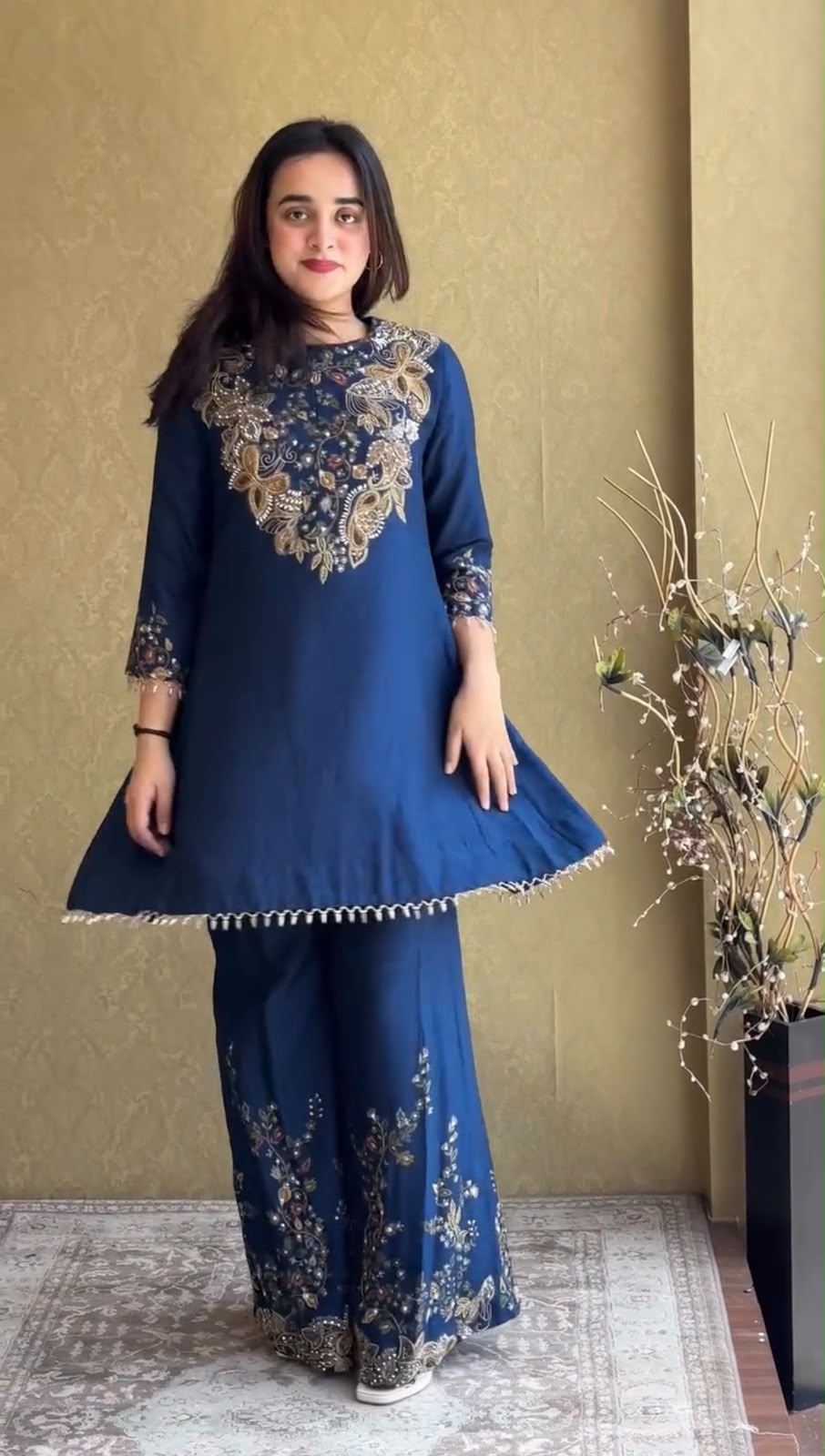 ST 1206 Navy Blue Malay Crepe Kurti with Embroidery Work & Bead Work. Available at ₹2199 only. Delivery 4-6 Working Days. Shop now. | Kurti, Bollywood Kurti, Creative Kurtis, Designer Kurti, Party Wear Kurti, Selfie Kurti