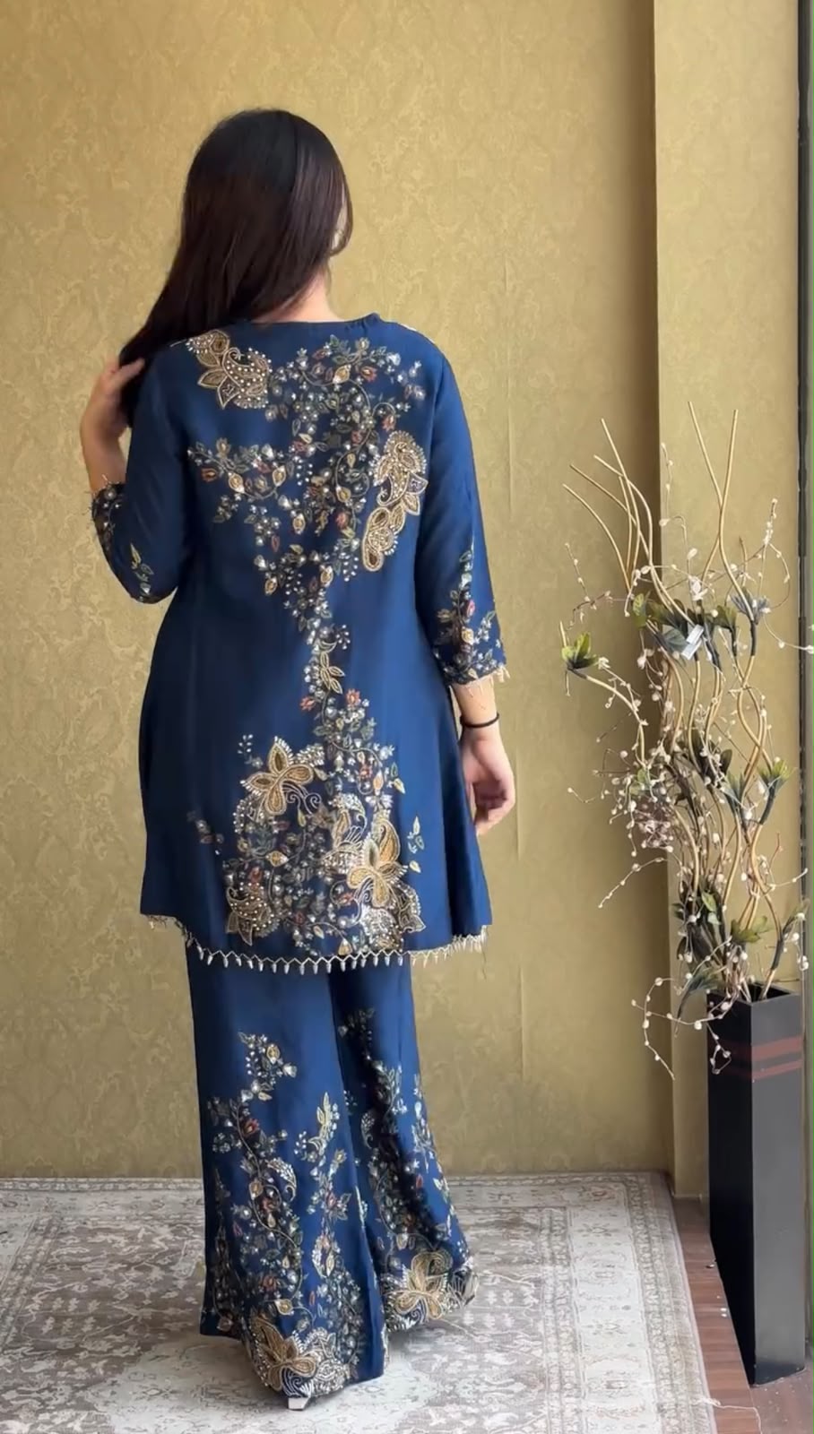 ST 1206 Navy Blue Malay Crepe Kurti with Embroidery Work & Bead Work. Available at ₹2199 only. Delivery 4-6 Working Days. Shop now. | Kurti, Bollywood Kurti, Creative Kurtis, Designer Kurti, Party Wear Kurti, Selfie Kurti