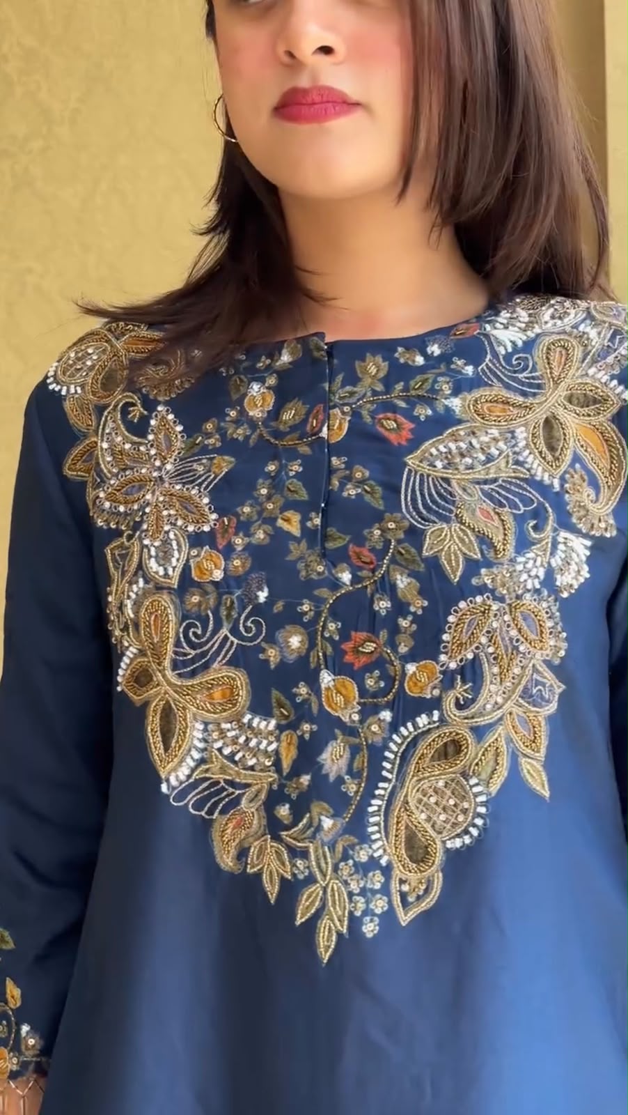 ST 1206 Navy Blue Malay Crepe Kurti with Embroidery Work & Bead Work. Available at ₹2199 only. Delivery 4-6 Working Days. Shop now. | Kurti, Bollywood Kurti, Creative Kurtis, Designer Kurti, Party Wear Kurti, Selfie Kurti