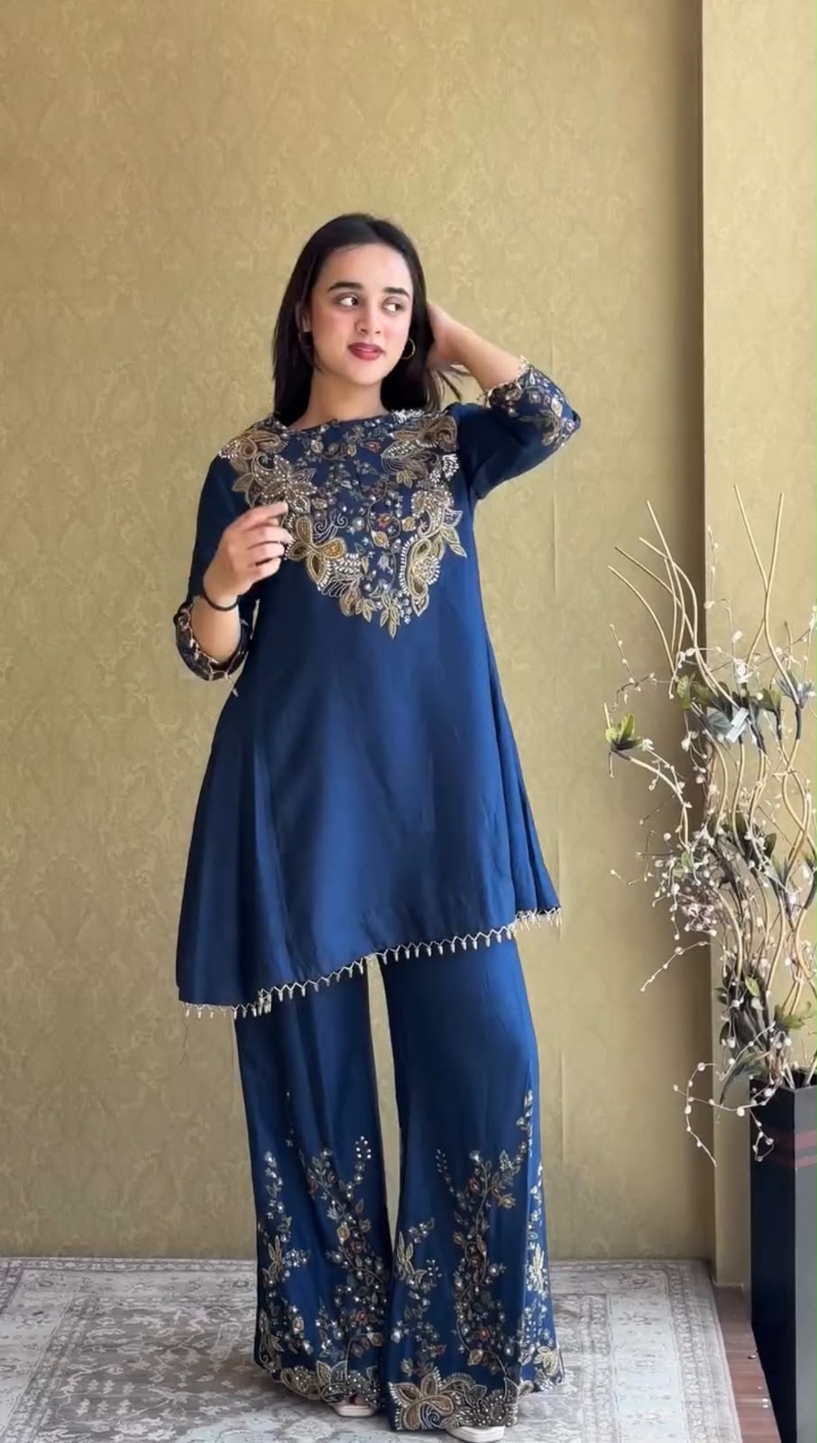 ST 1206 Navy Blue Malay Crepe Kurti with Embroidery Work & Bead Work. Available at ₹2199 only. Delivery 4-6 Working Days. Shop now. | Kurti, Bollywood Kurti, Creative Kurtis, Designer Kurti, Party Wear Kurti, Selfie Kurti