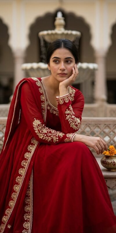 ZSR 3191 Red Faux Georgette Gown with Mirror Work & Embroidery Work. Get it for ₹2399. Delivery 4-6 Working Days. Online Shop now. | Gowns, Bollywood Gowns, Creative Gowns, Designer Gowns, Embroidered Gowns, Party Wear Gowns