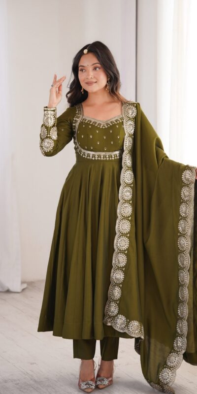 ZF 5026  Mehendi Colour Roman Silk Salwar Suit with Embroidery Work. Best Price ₹2399. Delivery 4-6 Working Days. Online Shop now. | Anarkali Suits, Bollywood Anarkali, Creative-Anarkali, Designer Anarkali, Embroidered Anarkali, Party Wear Anarkali