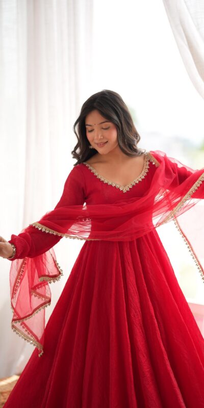 SRK 5355 Red Doremon Crush Gown with Lace Work & Mirror Work. Exclusive Offer ₹2099. Delivery 4-6 Working Days. Shop now. | Gowns, Bollywood Gowns, Creative Gowns, Designer Gowns, Embroidered Gowns, Party Wear Gowns