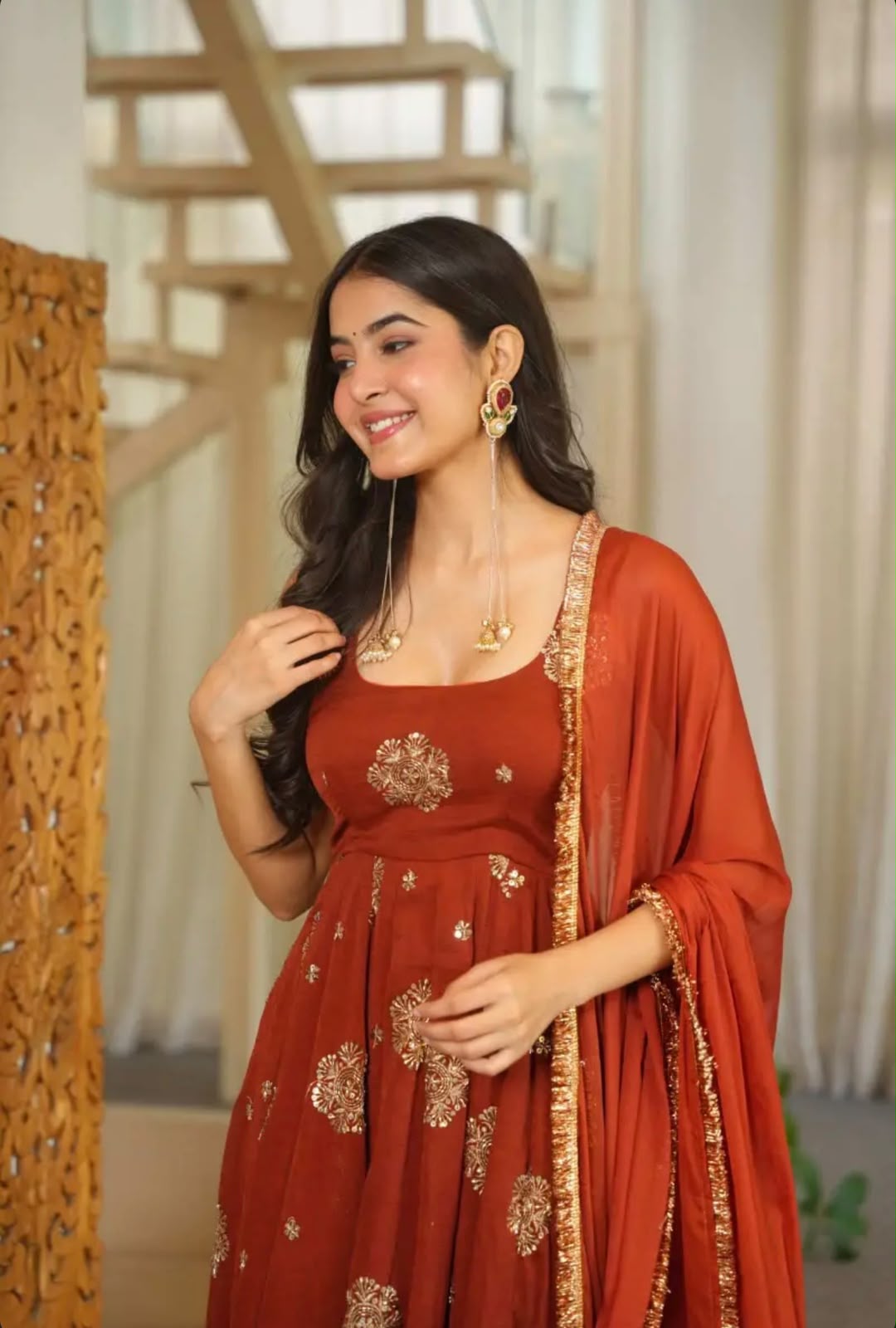 ZSR 3189 Rust Doremon Crush Gown with Lace Work & Mirror Work. Exclusive Offer ₹2399. Delivery 4-6 Working Days. Shop now. | Gowns, Bollywood Gowns, Creative Gowns, Designer Gowns, Embroidered Gowns, Party Wear Gowns