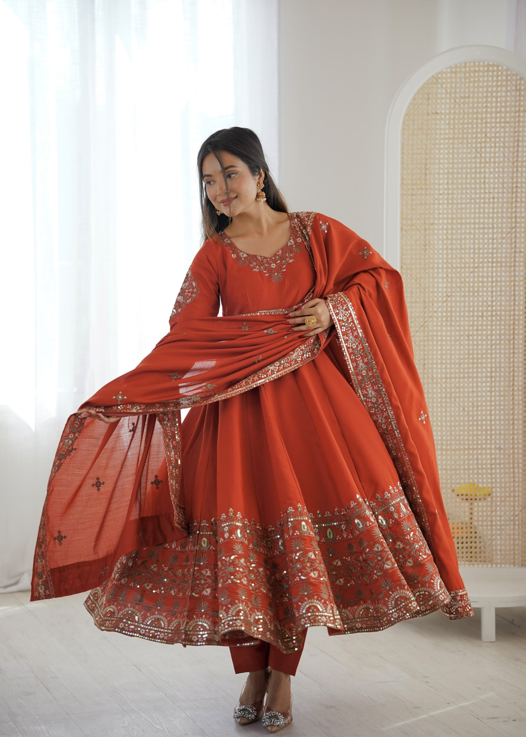 ZF 5016 Orange Roman Silk Gown with Embroidery Work. Wedding, Party, Festive, Events, Navratri, Exclusive Offer ₹2499. Delivery 4-6 Working Days. Shop now. | Gowns, Bollywood Gowns, Creative Gowns, Designer Gowns, Embroidered Gowns, Party Wear Gowns
