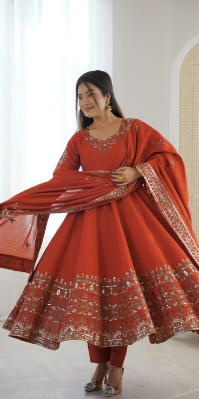 ZF 5016 Orange Roman Silk Gown with Embroidery Work. Wedding, Party, Festive, Events, Navratri, Exclusive Offer ₹2499. Delivery 4-6 Working Days. Shop now. | Gowns, Bollywood Gowns, Creative Gowns, Designer Gowns, Embroidered Gowns, Party Wear Gowns