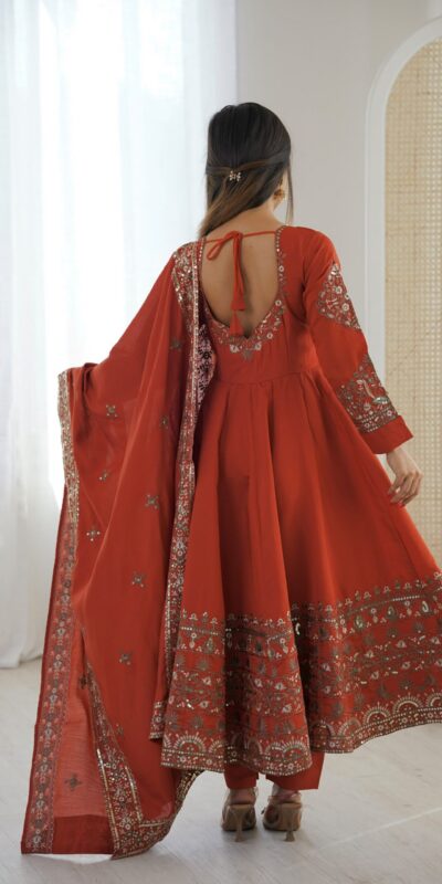 ZF 5016 Orange Roman Silk Gown with Embroidery Work. Wedding, Party, Festive, Events, Navratri, Exclusive Offer ₹2499. Delivery 4-6 Working Days. Shop now. | Gowns, Bollywood Gowns, Creative Gowns, Designer Gowns, Embroidered Gowns, Party Wear Gowns