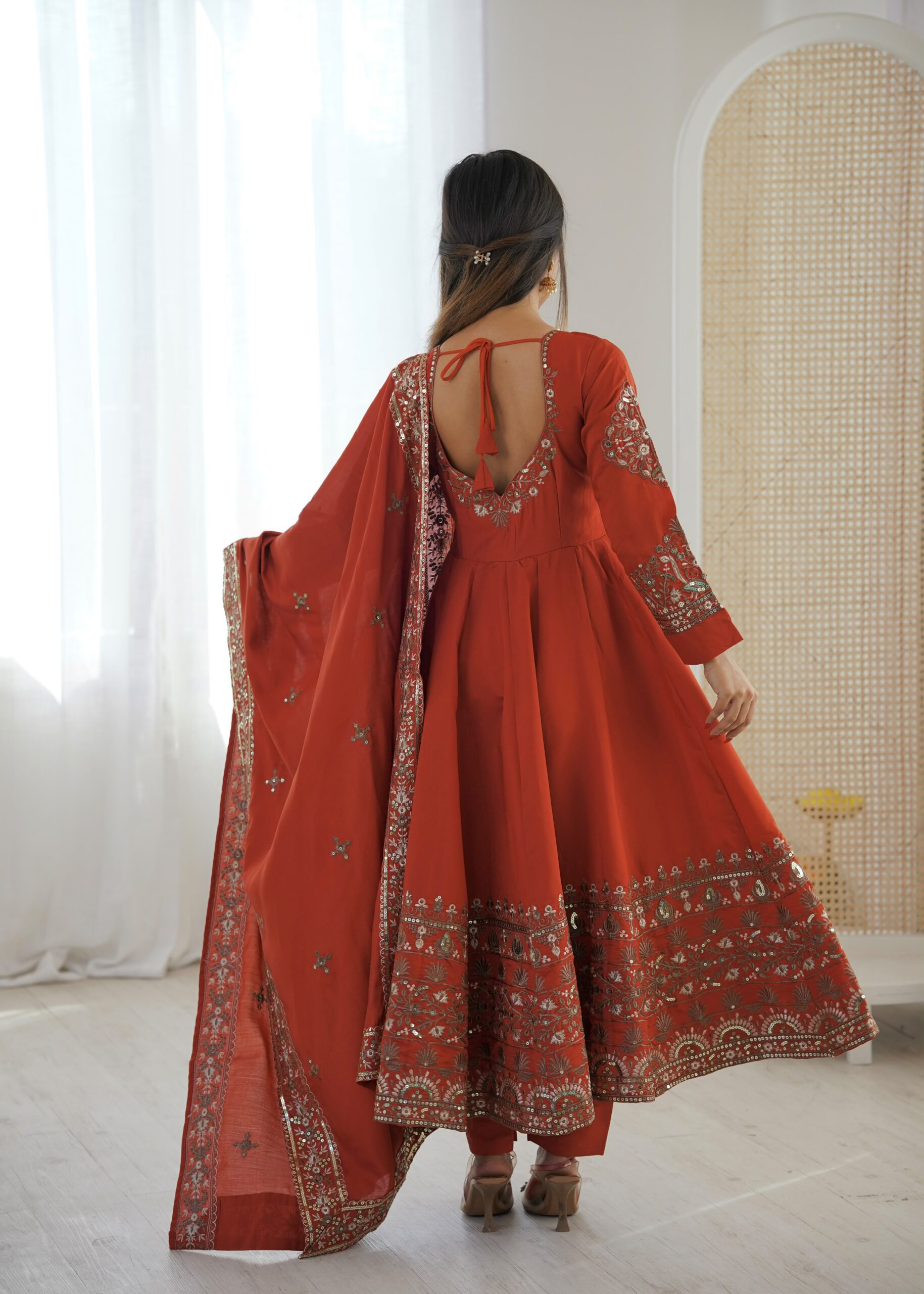 ZF 5016 Orange Roman Silk Gown with Embroidery Work. Wedding, Party, Festive, Events, Navratri, Exclusive Offer ₹2499. Delivery 4-6 Working Days. Shop now. | Gowns, Bollywood Gowns, Creative Gowns, Designer Gowns, Embroidered Gowns, Party Wear Gowns