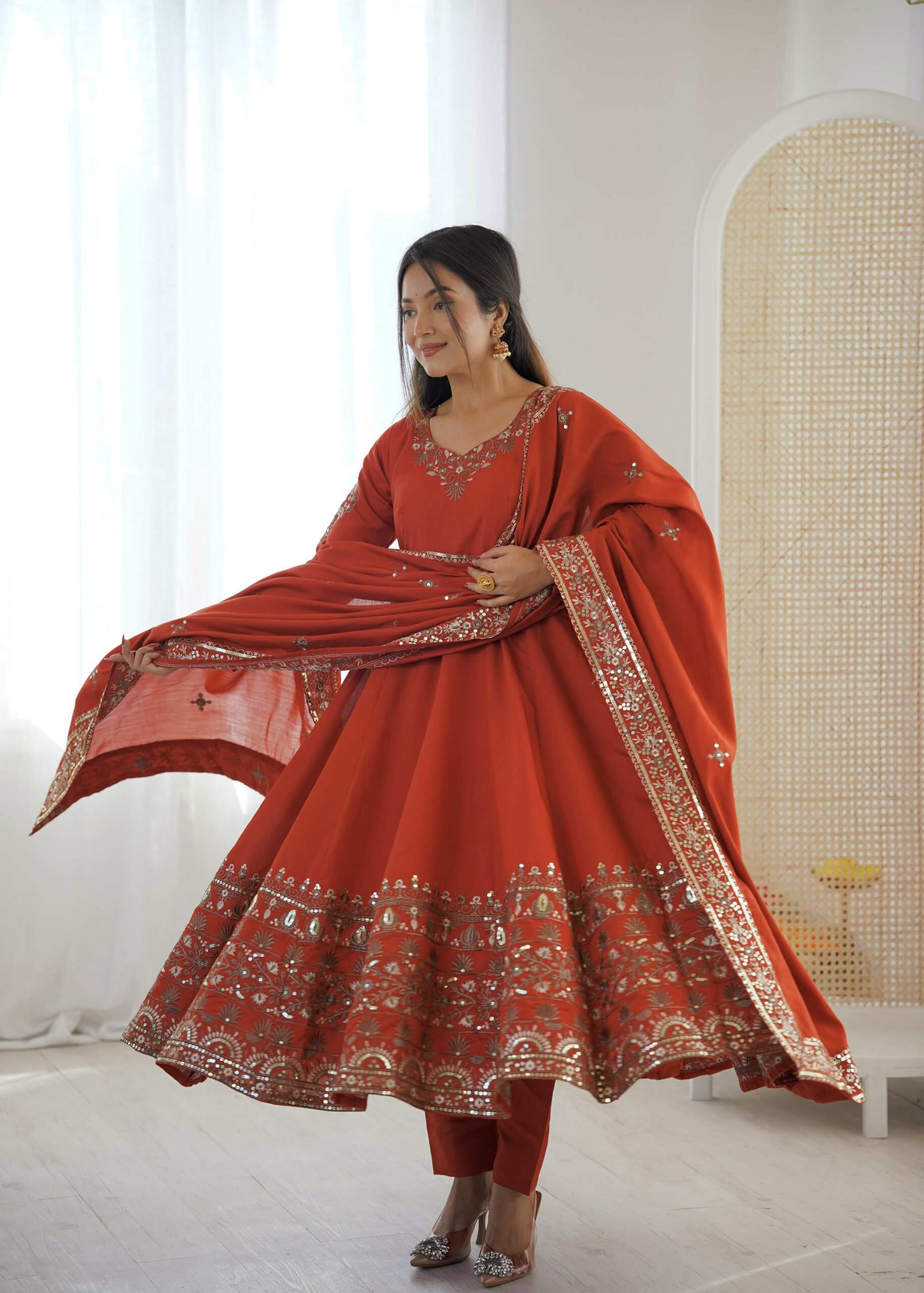 ZF 5016 Orange Roman Silk Gown with Embroidery Work. Wedding, Party, Festive, Events, Navratri, Exclusive Offer ₹2499. Delivery 4-6 Working Days. Shop now. | Gowns, Bollywood Gowns, Creative Gowns, Designer Gowns, Embroidered Gowns, Party Wear Gowns