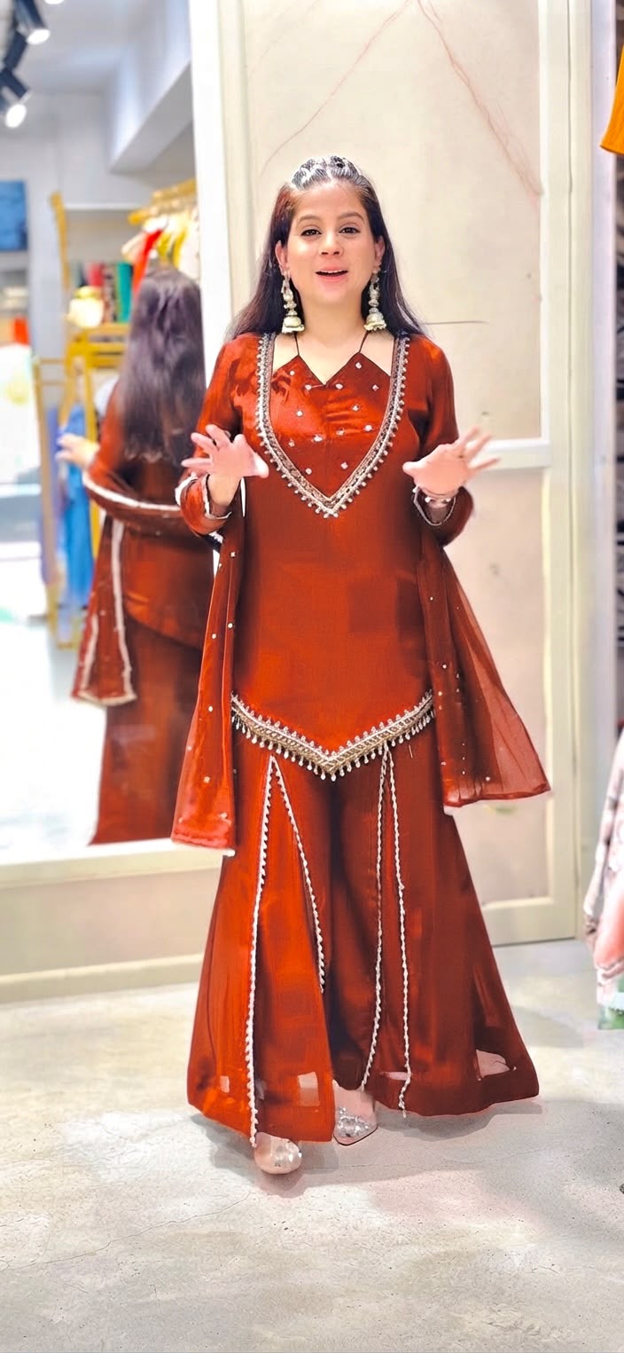 JF 054 Rust Color Roman Silk Salwar Suit with Embroidery Work. Available at ₹2399 only. Delivery 4-6 Working Days. Shop now. | Jump Suits, Salwar suit, Casual Suits, Creative suits, Designer Suits, Palazzo Suits, Party Wear Suits, Patiala Suits, Straight Suits