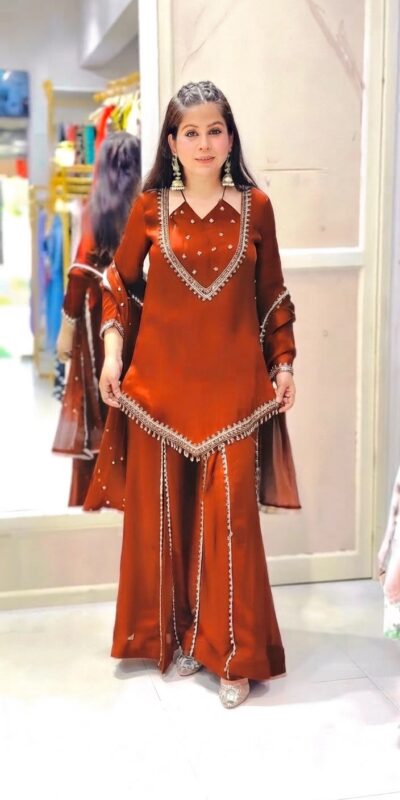 JF 054 Rust Color Roman Silk Salwar Suit with Embroidery Work. Available at ₹2399 only. Delivery 4-6 Working Days. Shop now. | Jump Suits, Salwar suit, Casual Suits, Creative suits, Designer Suits, Palazzo Suits, Party Wear Suits, Patiala Suits, Straight Suits