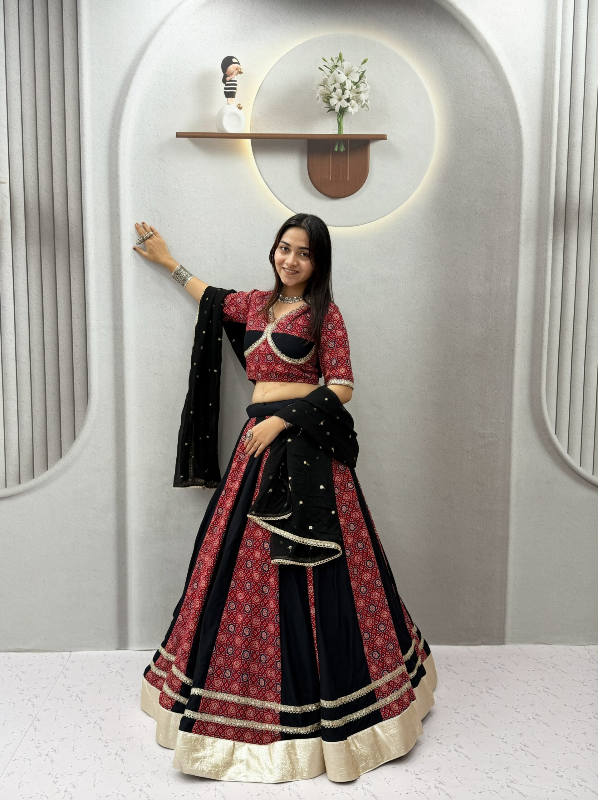 Ram 198 Black in Pure Cotton Mirror Work & Gamthi Work Lehenga Choli . Exclusive Offer ₹3149. Delivery 4-6 Working Days. Shop now. | Lehenga, Bollywood Lehenga, Creative Lehenga, Designer Lehenga, Embroidered Lehenga, Party Wear Lehenga