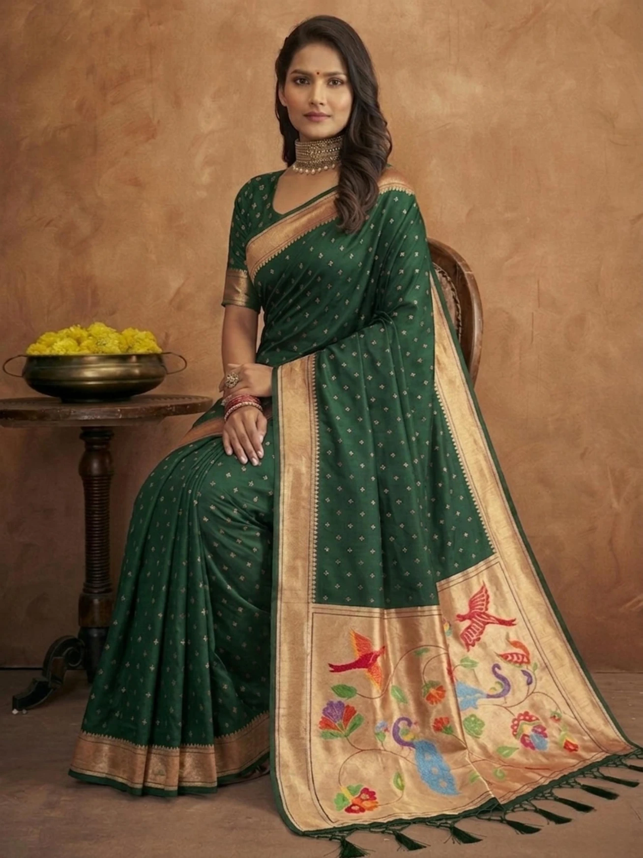Elegant Green Jamdani Cotton Silk Zari Butti Work Saree - Image 3