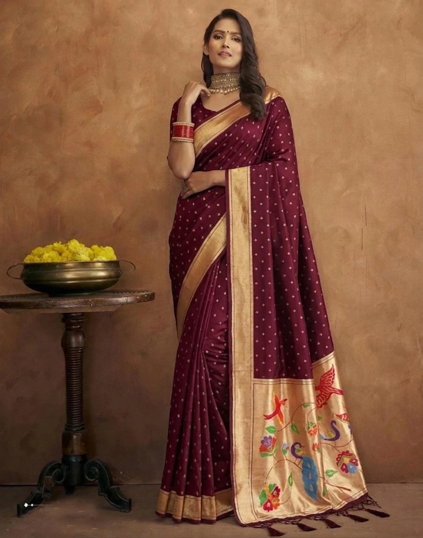 Elegant Maroon Jamdani Cotton Silk Zari Butti Work Saree - Image 4