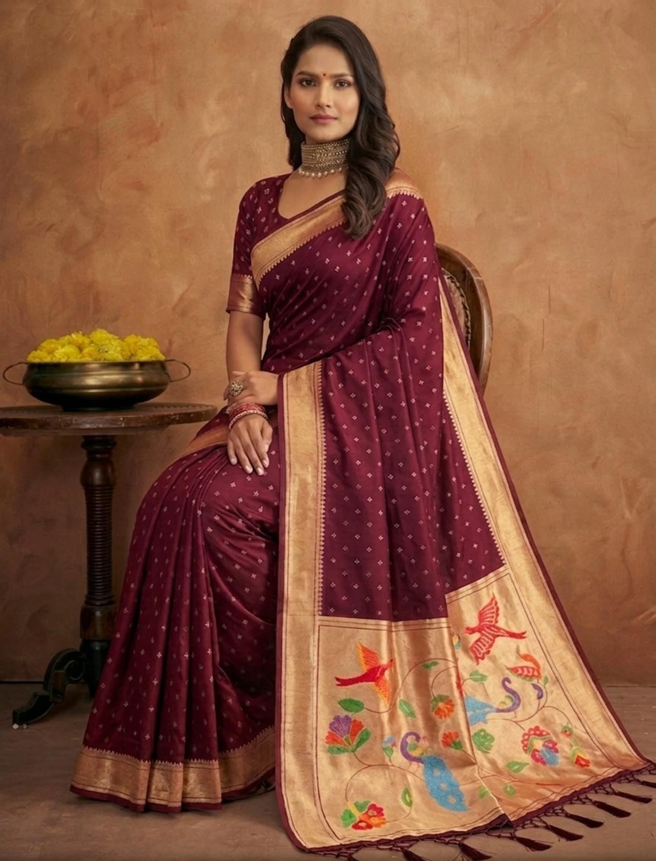 Elegant Maroon Jamdani Cotton Silk Zari Butti Work Saree - Image 3
