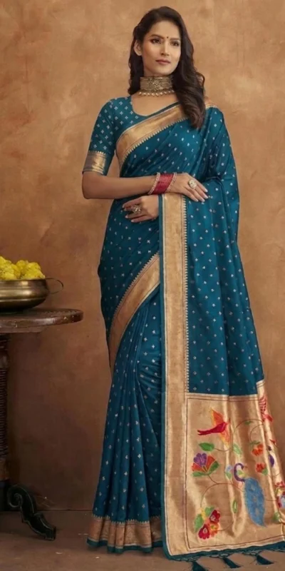 Alternative view of Elegant Rama Jamdani Cotton Silk Zari Butti Work Saree