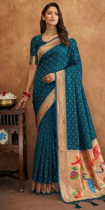 Elegant Rama Jamdani Cotton Silk Zari Butti Work Saree