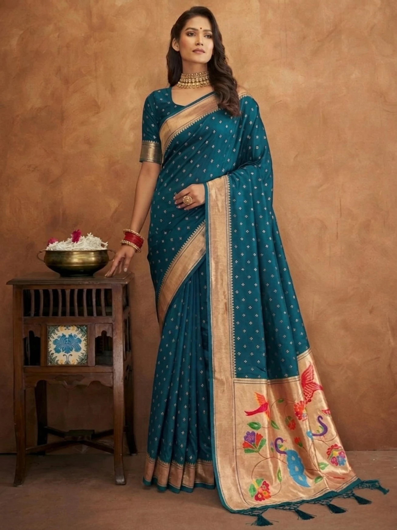 Elegant Rama Jamdani Cotton Silk Zari Butti Work Saree