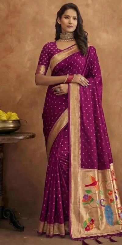 Alternative view of Elegant Wine Jamdani Cotton Silk Zari Butti Work Saree
