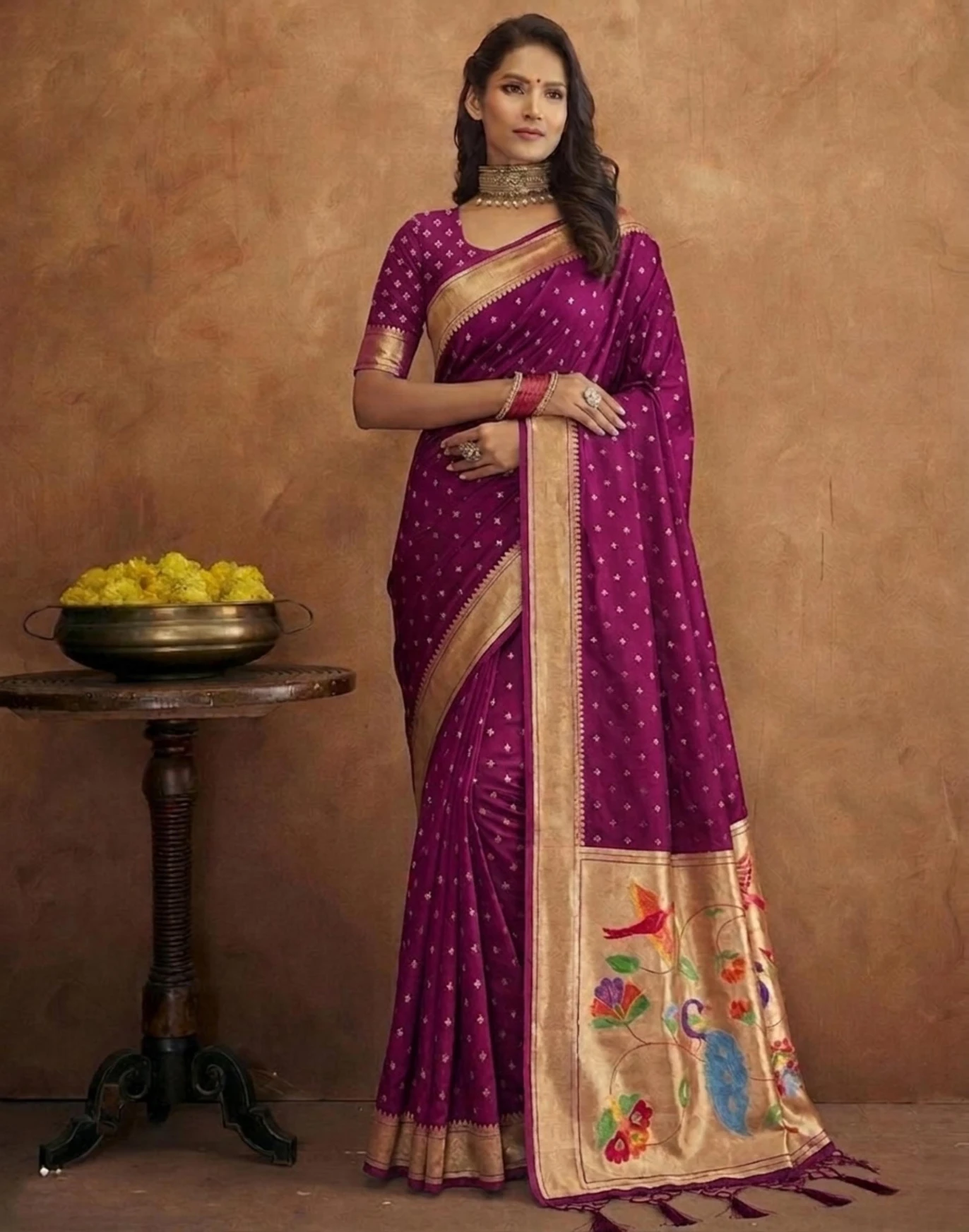 Elegant Wine Jamdani Cotton Silk Zari Butti Work Saree - Image 2
