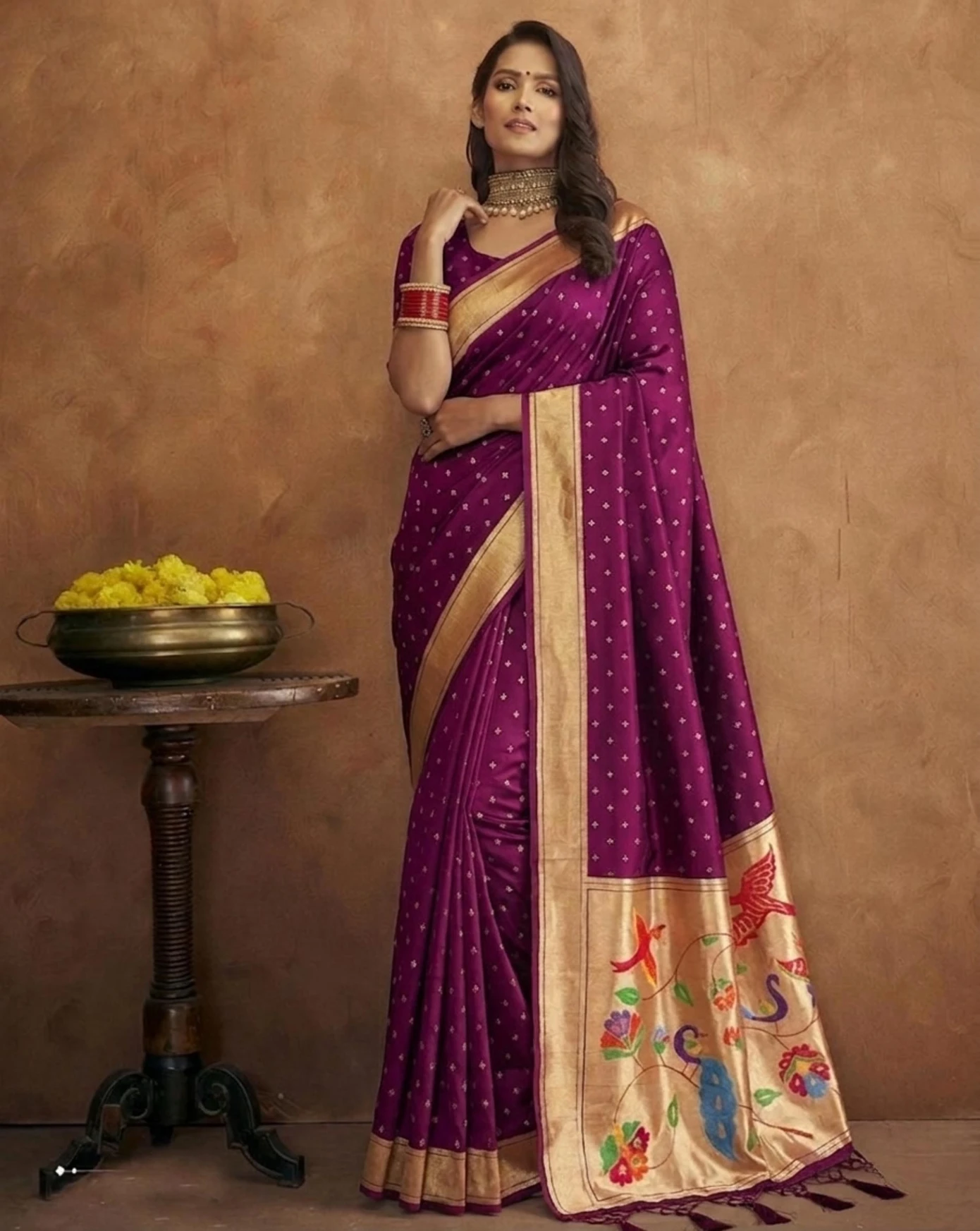 Elegant Wine Jamdani Cotton Silk Zari Butti Work Saree