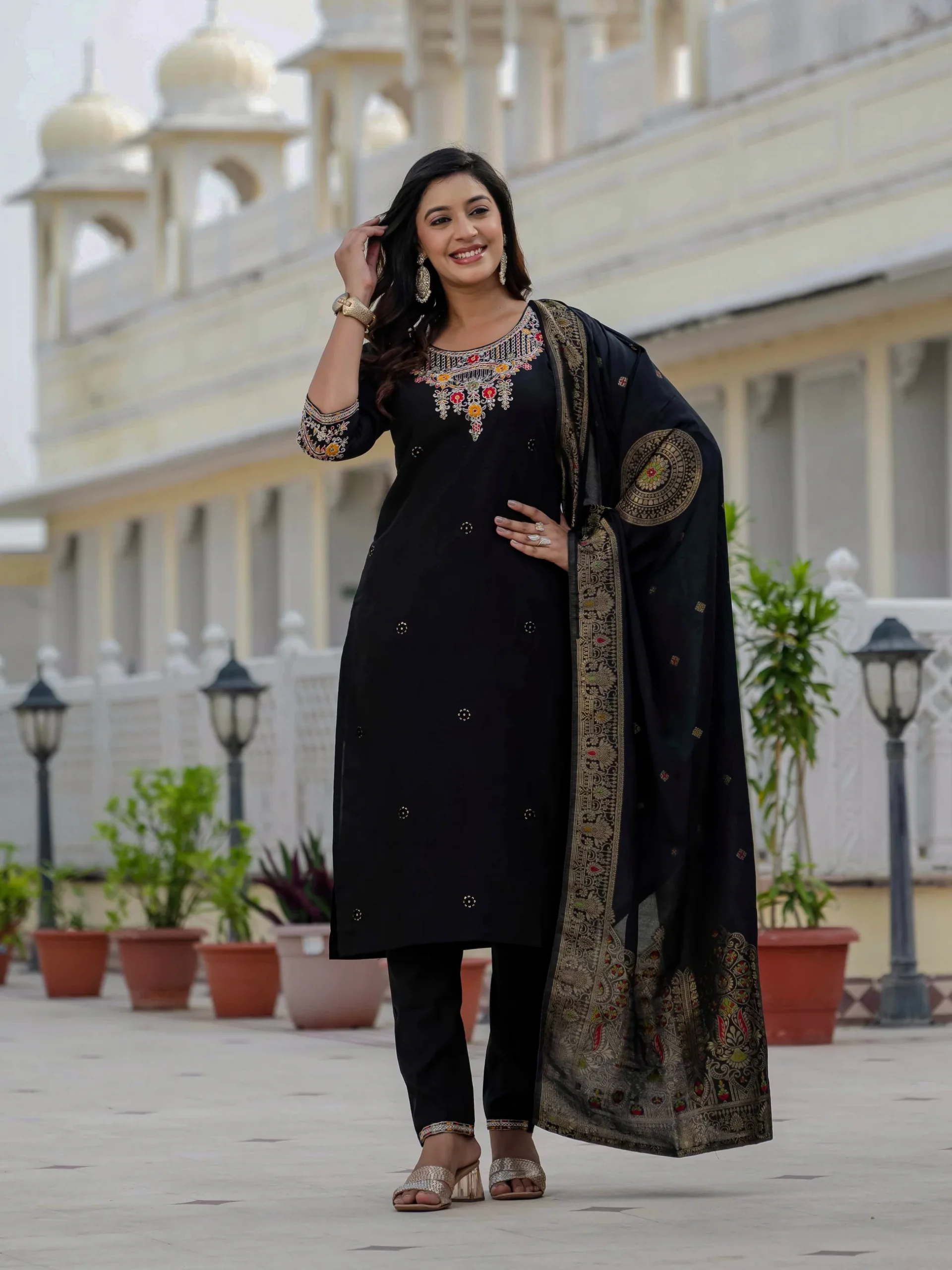 Nice Black Roman Silk Sequins Work Salwar Suit - Image 2