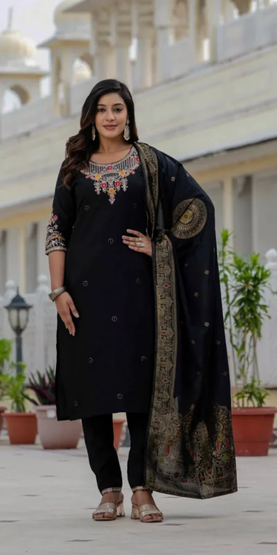 Nice Black Roman Silk Sequins Work Salwar Suit
