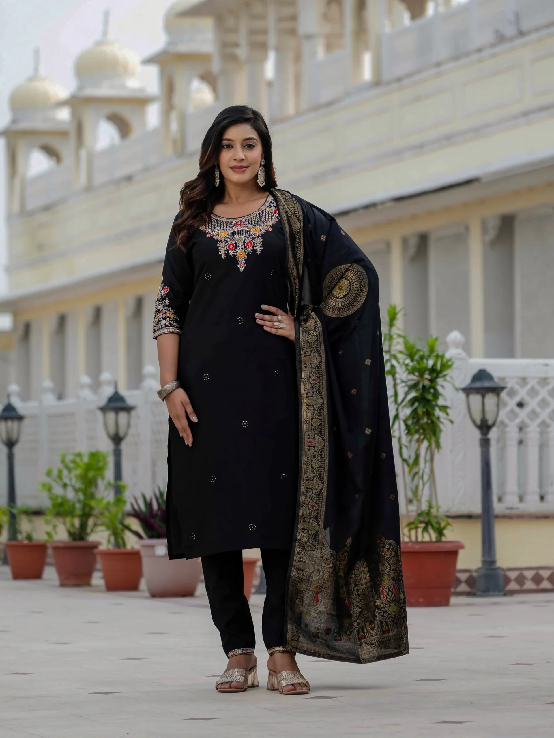 Nice Black Roman Silk Sequins Work Salwar Suit