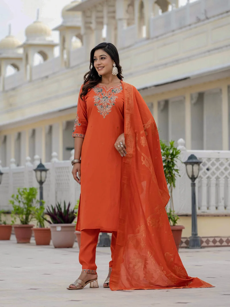 Nice Orange Roman Silk Sequins Work Salwar Suit - Image 2