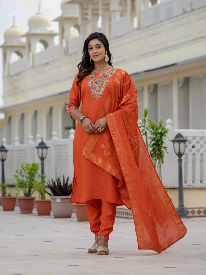 Nice Orange Roman Silk Sequins Work Salwar Suit