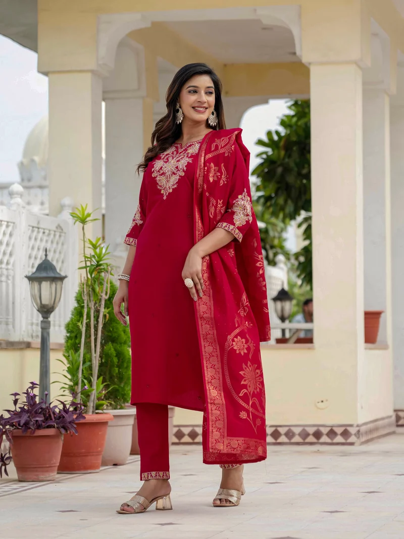 Nice Red Roman Silk Sequins Work Salwar Suit - Image 4